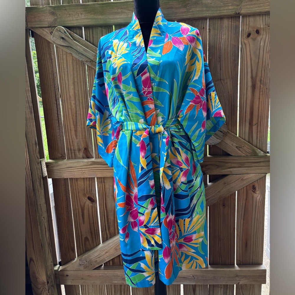 N Natori Blue Multicolor Floral Satin Belted Kimono Style Robe Size L